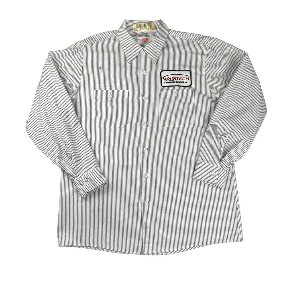 G&K Services Mens Striped Work Shirt Varitech Patch Long Sleeve White Blue L-RG